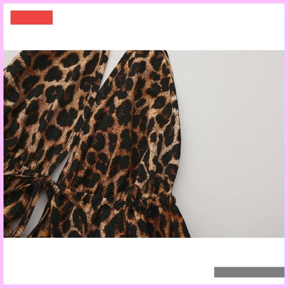 Leopard Print Halter Top Tie Front Backless Ruffle Crop Top - Picture 4 of 4